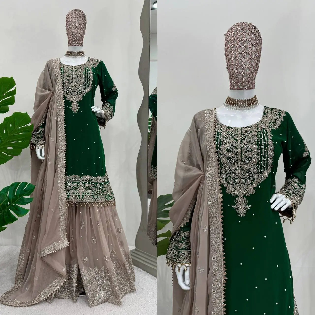 AAvaran AAvaran Faux Georgette Kurta with Sharara Suit – Elegant Pearl Work & Lace Kurti Set with dupatta & Sharara Plazo