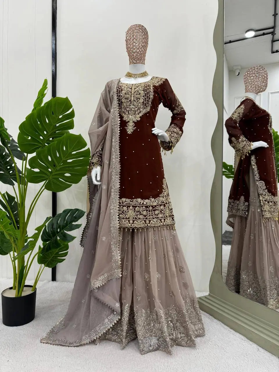 AAvaran AAvaran Faux Georgette Kurta with Sharara Suit – Elegant Pearl Work & Lace Brown Kurti Set with dupatta & Sharara Plazo