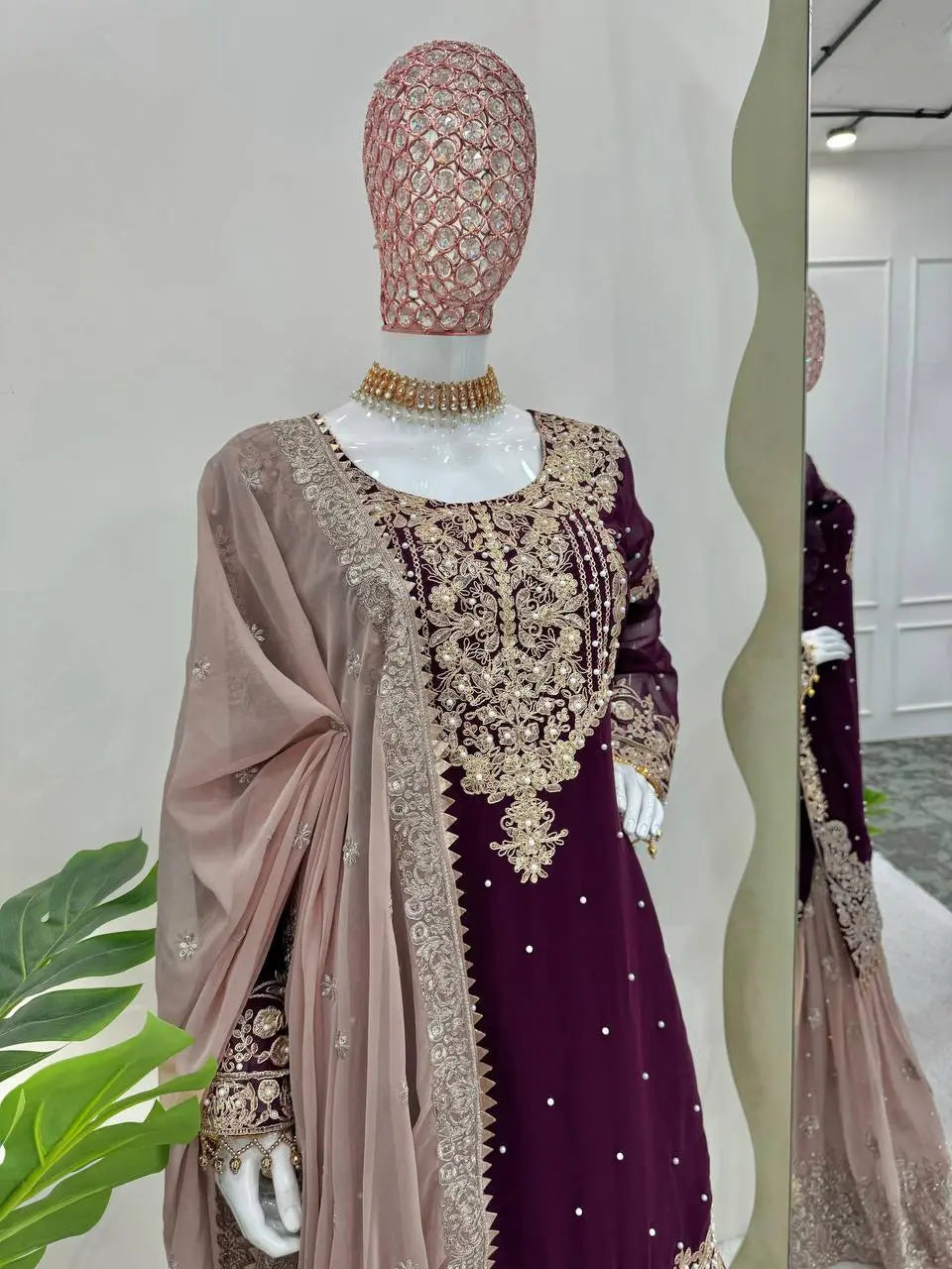 AAvaran AAvaran Faux Georgette Kurta with Sharara Suit – Elegant Pearl Work & Lace Kurti Set with dupatta & Sharara Plazo