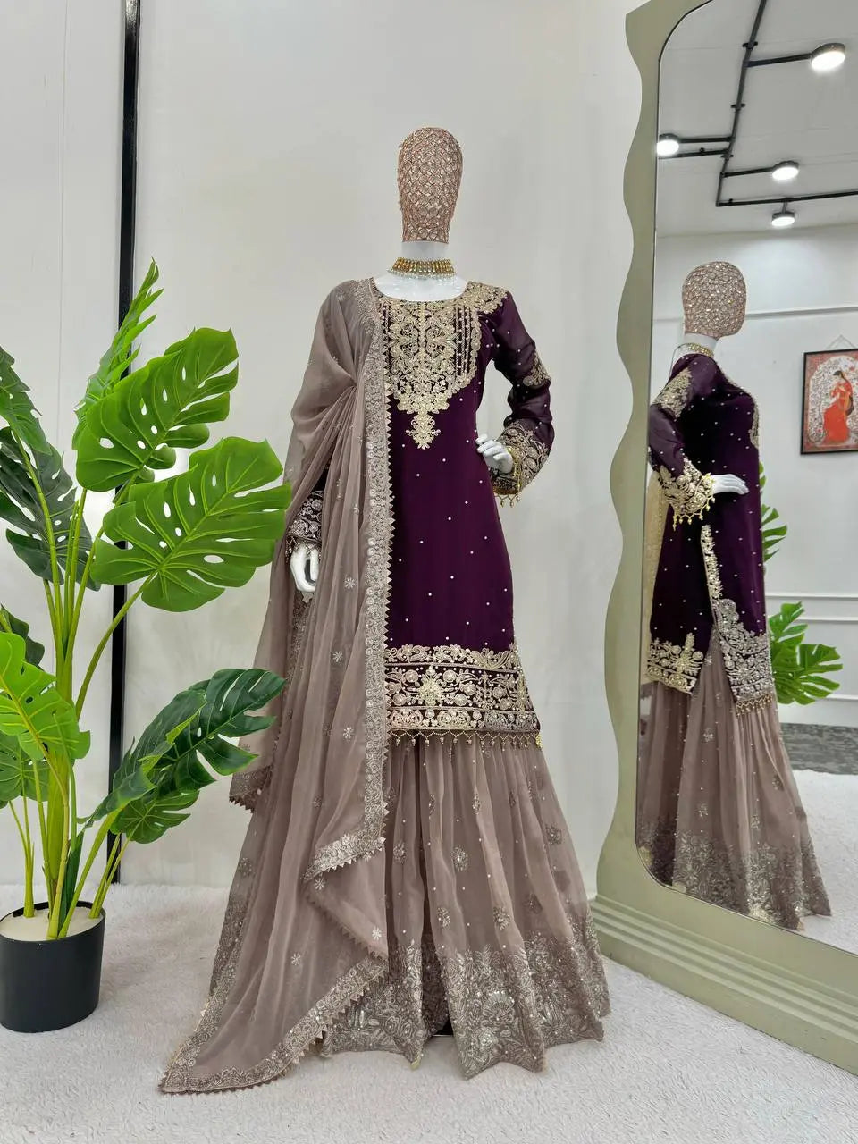 AAvaran AAvaran Faux Georgette Kurta with Sharara Suit – Elegant Pearl Work & Lace Burgundy Kurti Set with dupatta & Sharara Plazo
