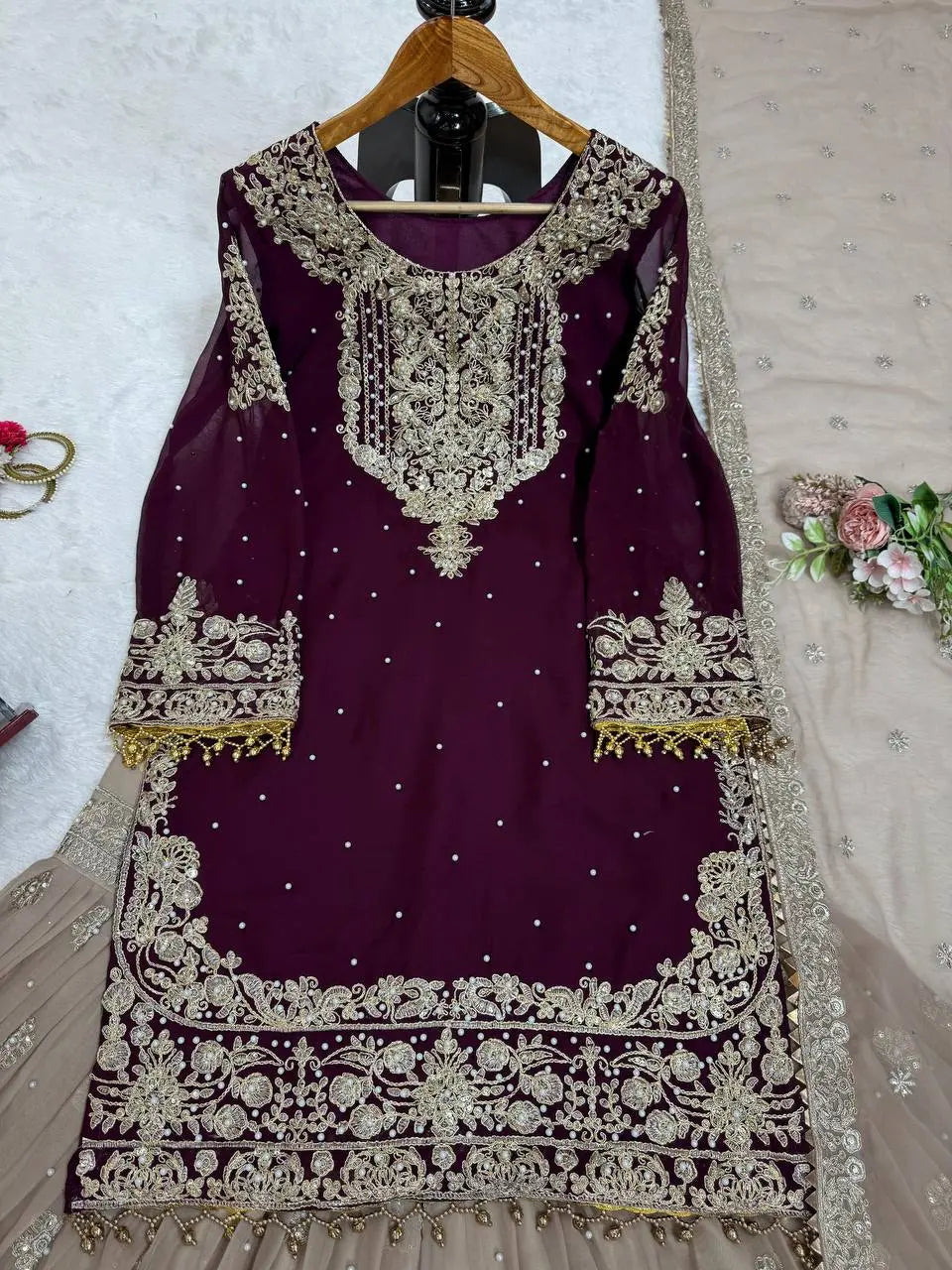 AAvaran AAvaran Faux Georgette Kurta with Sharara Suit – Elegant Pearl Work & Lace Kurti Set with dupatta & Sharara Plazo