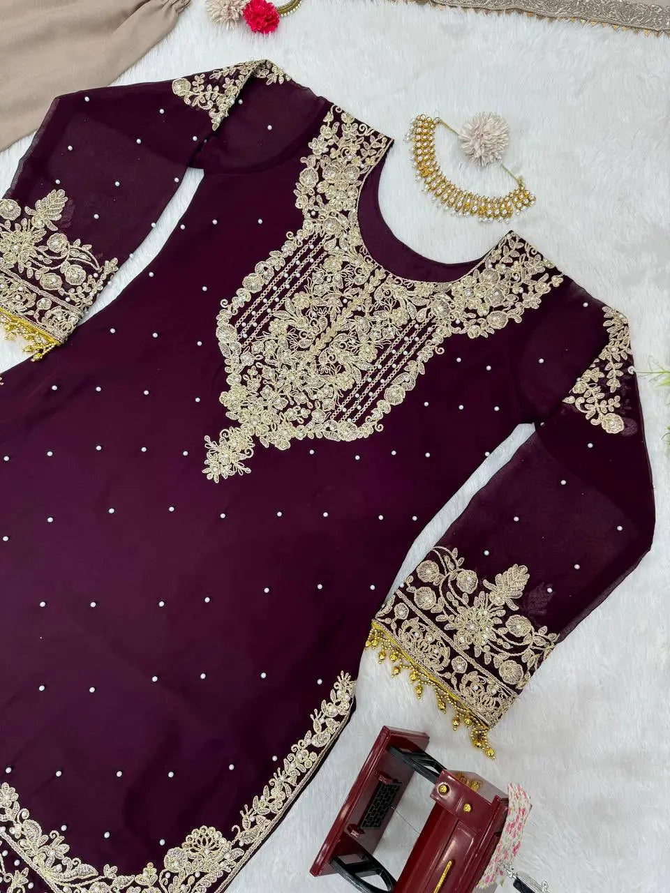 AAvaran AAvaran Faux Georgette Kurta with Sharara Suit – Elegant Pearl Work & Lace Kurti Set with dupatta & Sharara Plazo