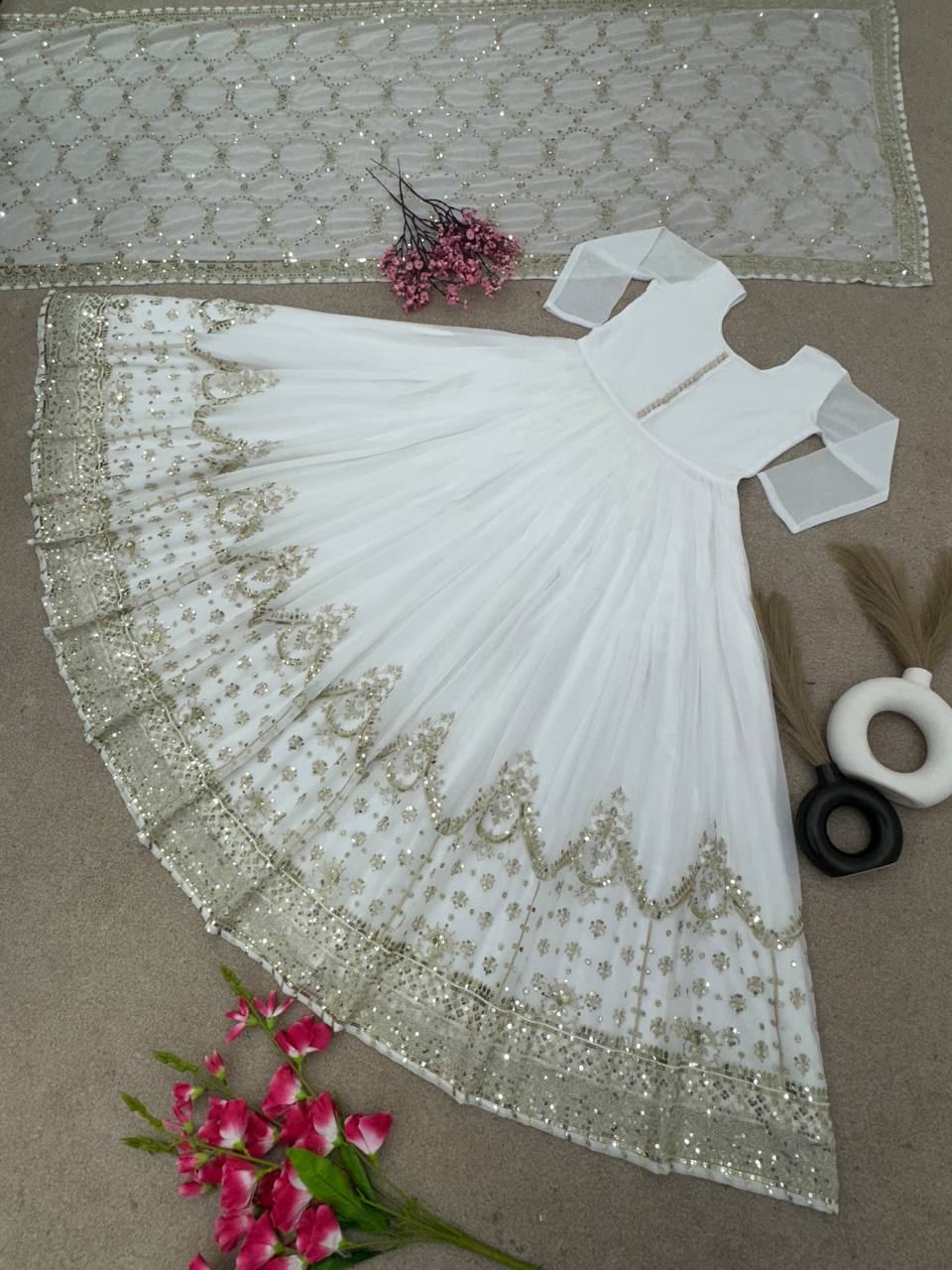 AAvaran AAvaran Red, White & Burgundy Heavy Faux Georgette Embroidered Anarkali Suit Anarkali Set with dupatta & Pant