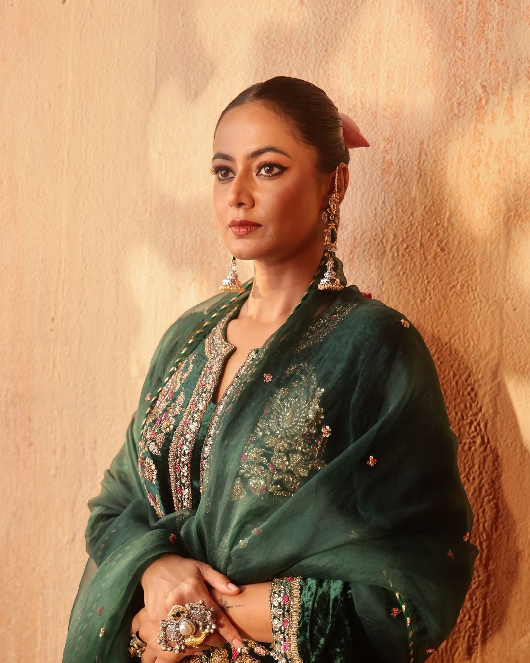 AAvaran Dark Green Velvet Garland Neckline Kurta Set with Palazzo