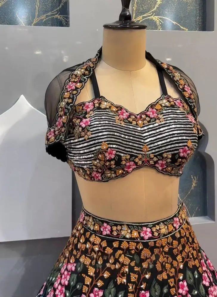 AAvaran Black Sequence Work Georgette Koti Lehenga Choli | AAvaran Party Edit Lehenga Choli