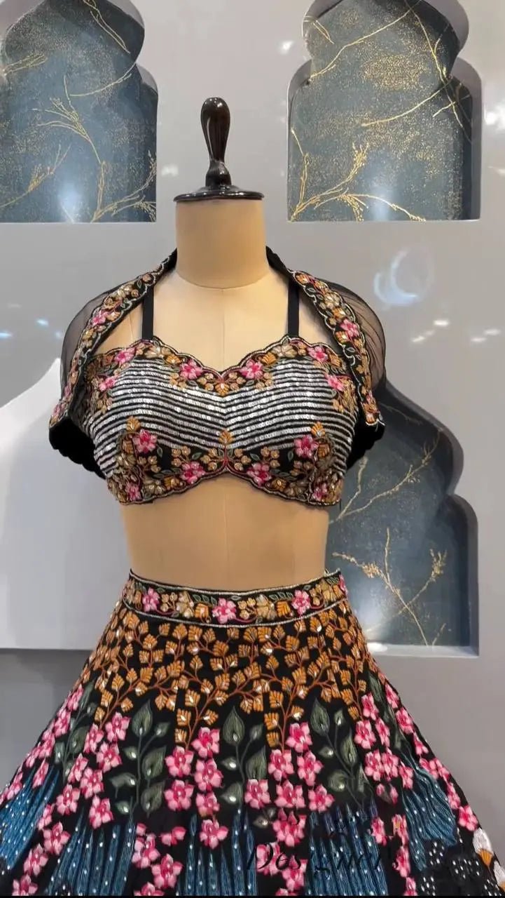 AAvaran Black Sequence Work Georgette Koti Lehenga Choli | AAvaran Party Edit Lehenga Choli