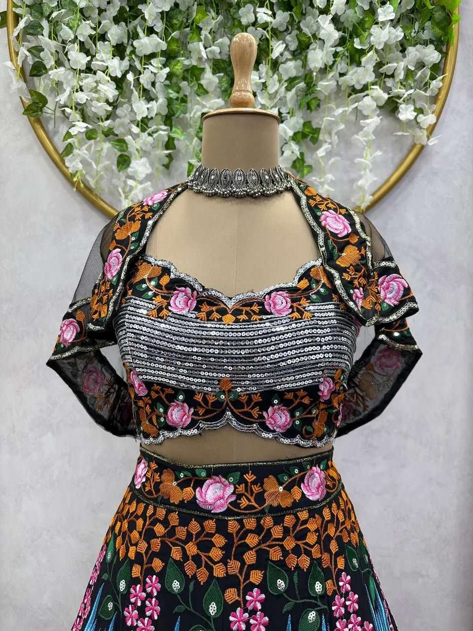 AAvaran Black Sequence Work Georgette Koti Lehenga Choli | AAvaran Party Edit Lehenga Choli