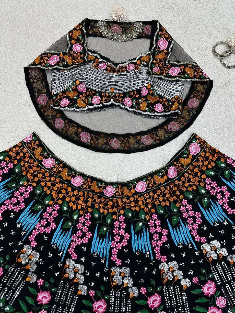 AAvaran Black Sequence Work Georgette Koti Lehenga Choli | AAvaran Party Edit Lehenga Choli