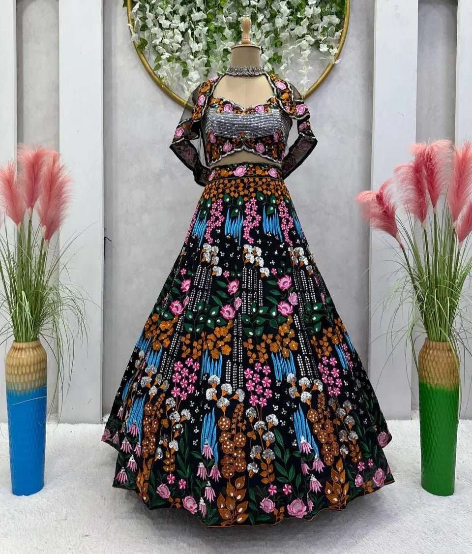 AAvaran Black Sequence Work Georgette Koti Lehenga Choli | AAvaran Party Edit Lehenga Choli