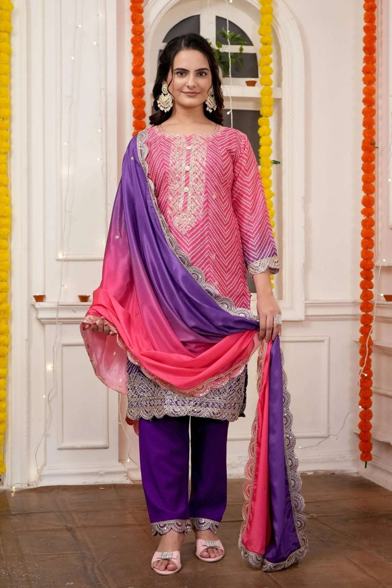 AAvaran AAvaran Chinon Silk Bandhani Digital Print Top with Dupatta and Embroidery Sequence Work Kurti Set with dupatta & Pant