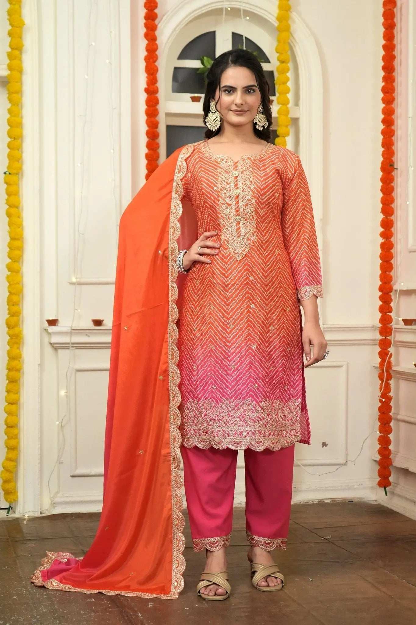 AAvaran AAvaran Chinon Silk Bandhani Digital Print Top with Dupatta and Embroidery Sequence Work Kurti Set with dupatta & Pant