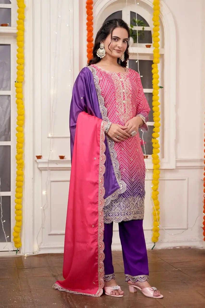 AAvaran AAvaran Chinon Silk Bandhani Digital Print Top with Dupatta and Embroidery Sequence Work Pink Kurti Set with dupatta & Pant
