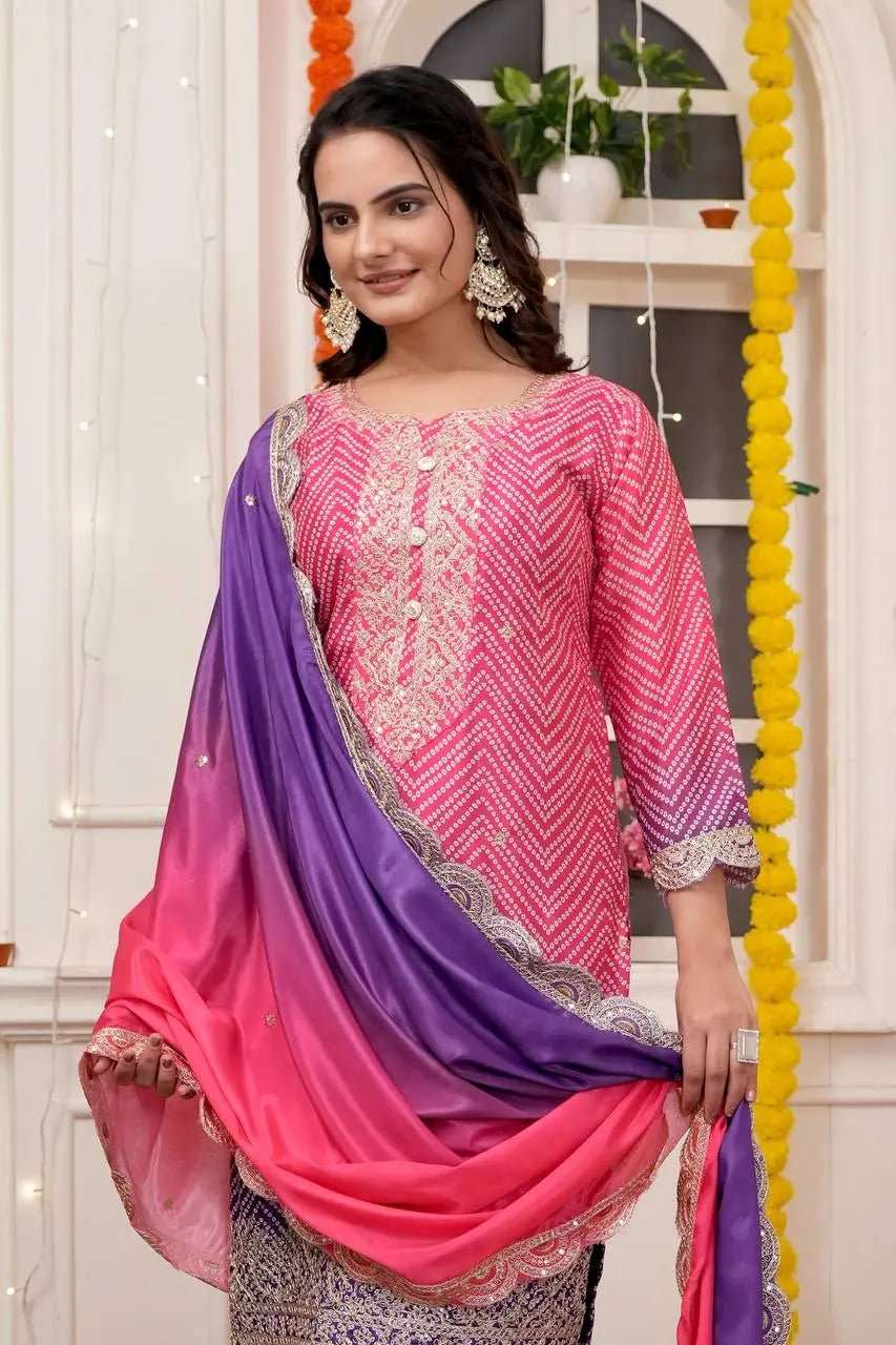 AAvaran AAvaran Chinon Silk Bandhani Digital Print Top with Dupatta and Embroidery Sequence Work Kurti Set with dupatta & Pant