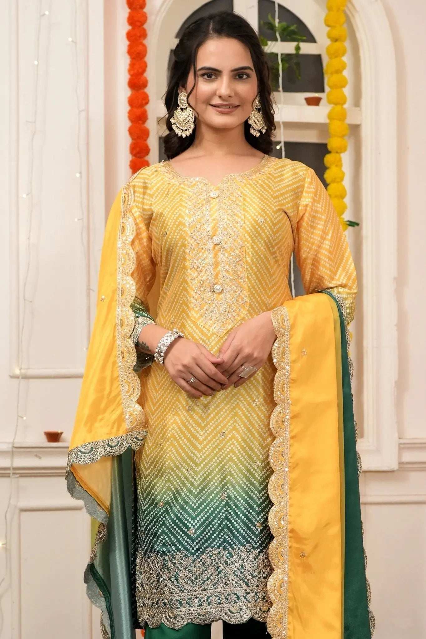 AAvaran AAvaran Chinon Silk Bandhani Digital Print Top with Dupatta and Embroidery Sequence Work Kurti Set with dupatta & Pant