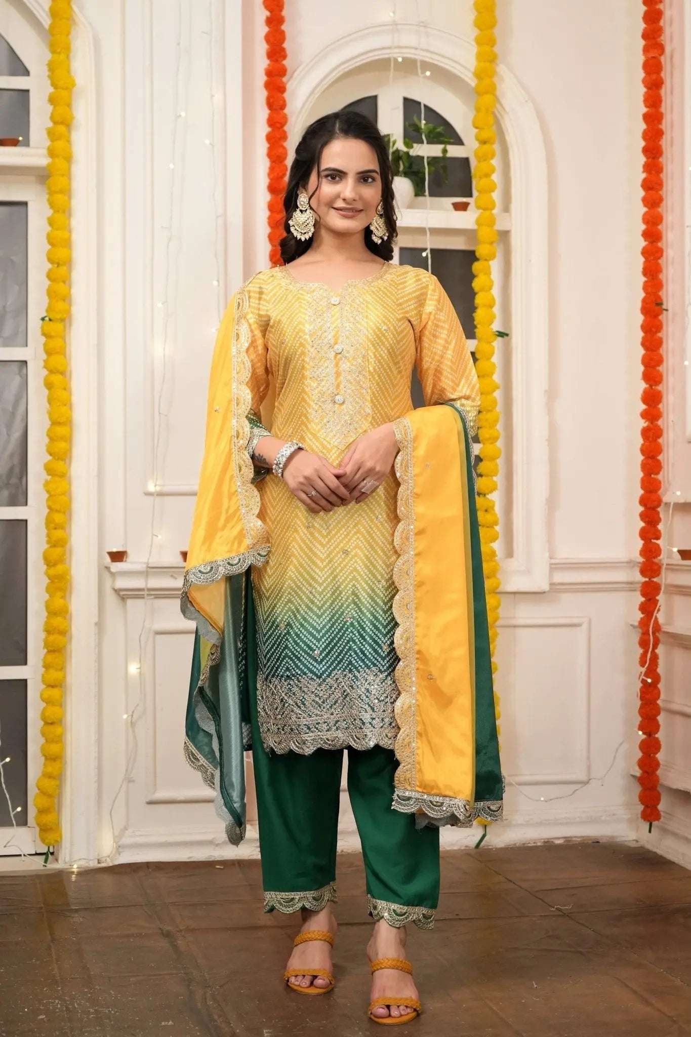 AAvaran AAvaran Chinon Silk Bandhani Digital Print Top with Dupatta and Embroidery Sequence Work Yellow Kurti Set with dupatta & Pant