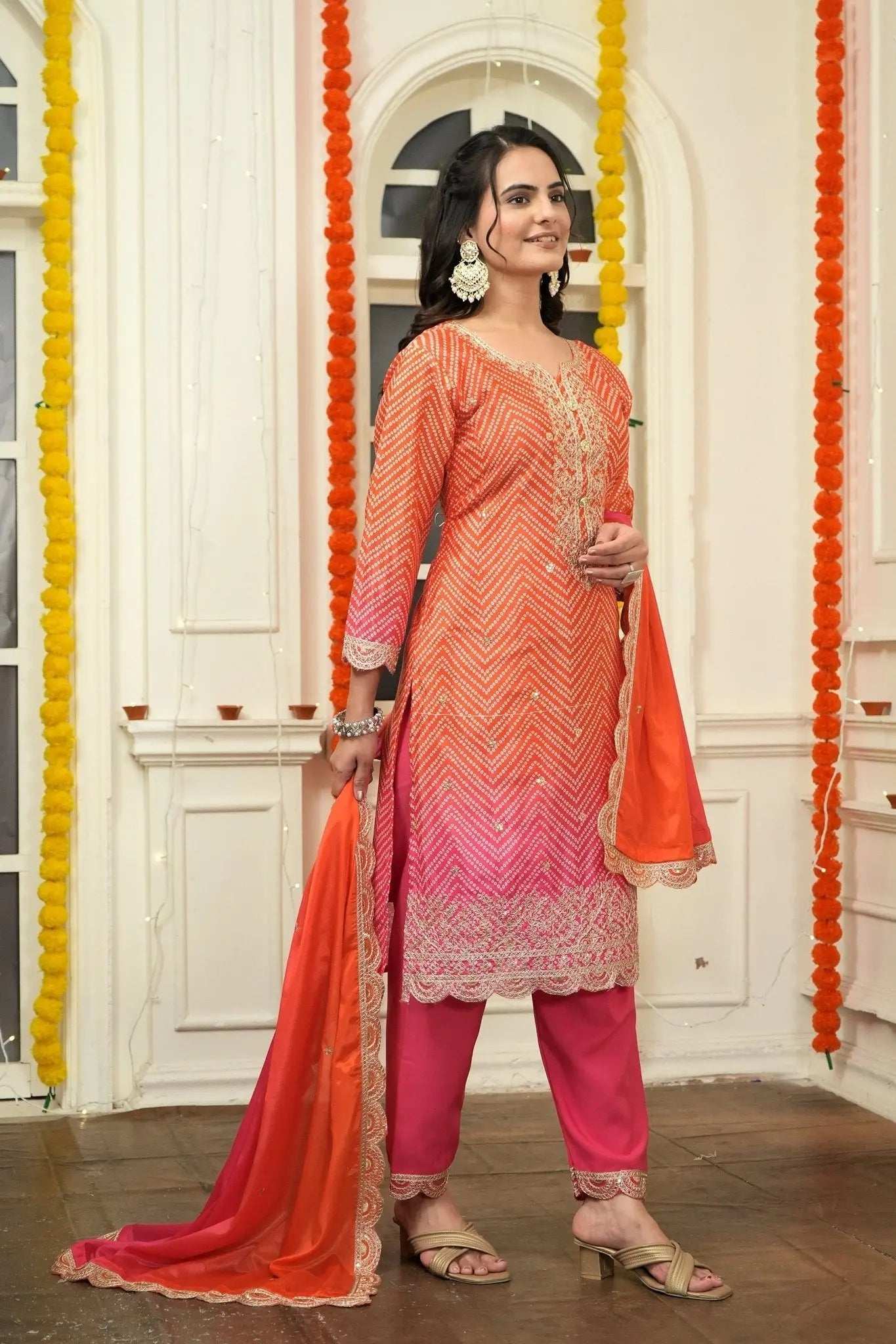 AAvaran AAvaran Chinon Silk Bandhani Digital Print Top with Dupatta and Embroidery Sequence Work Kurti Set with dupatta & Pant