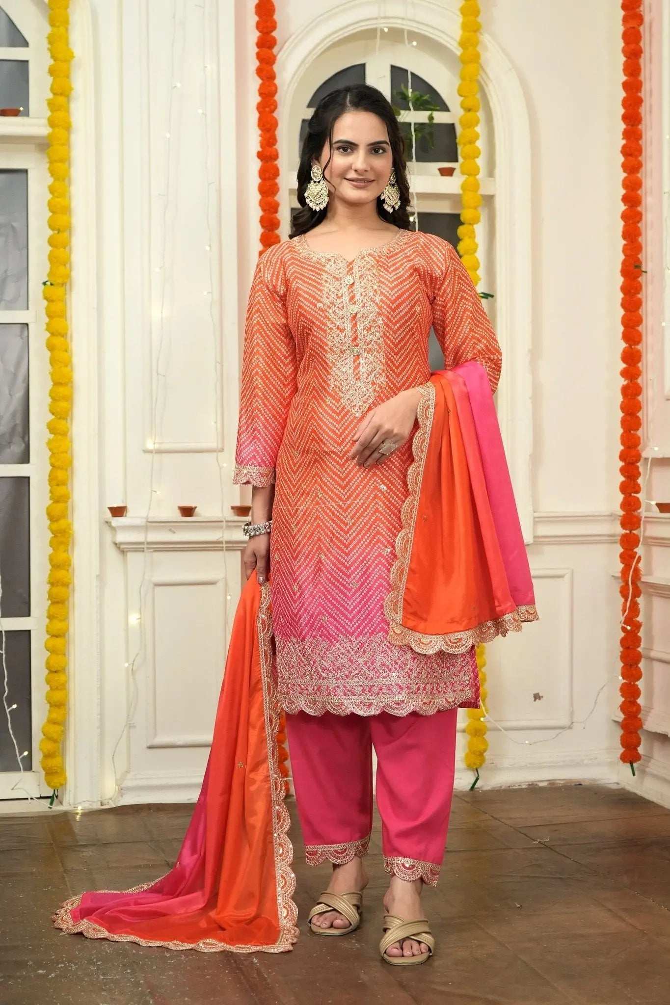 AAvaran AAvaran Chinon Silk Bandhani Digital Print Top with Dupatta and Embroidery Sequence Work Orange Kurti Set with dupatta & Pant