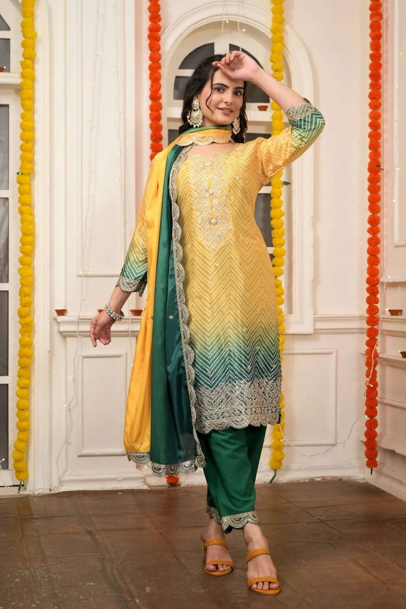 AAvaran AAvaran Chinon Silk Bandhani Digital Print Top with Dupatta and Embroidery Sequence Work Kurti Set with dupatta & Pant