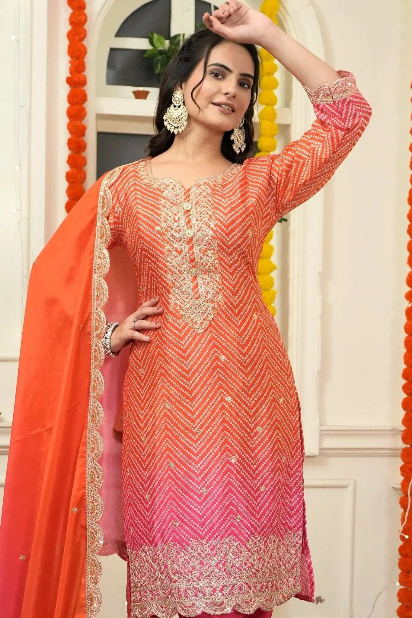 AAvaran AAvaran Chinon Silk Bandhani Digital Print Top with Dupatta and Embroidery Sequence Work Kurti Set with dupatta & Pant