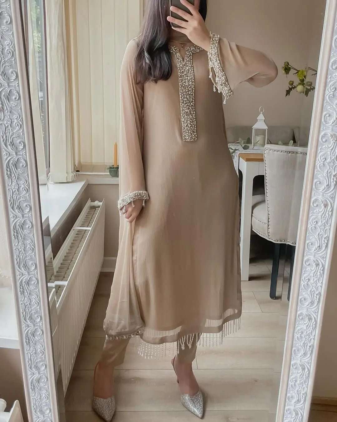 AAvaran Faux Georgette Moti Hand Work Kurta Set with Pant & Dupatta | AAvaran Kurti Set with dupatta & Pant