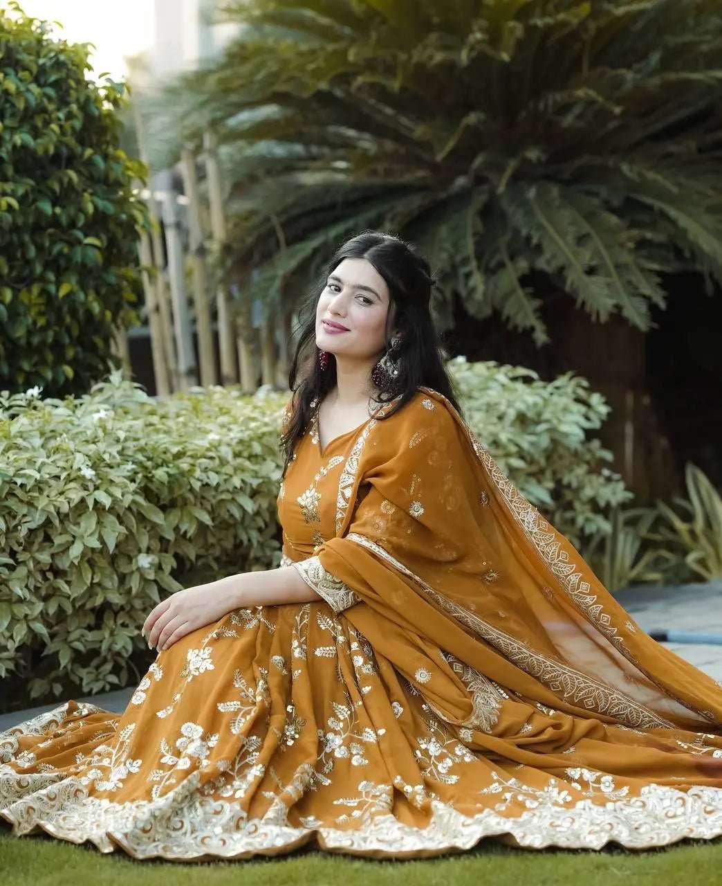 AAvaran Mustard Yellow Embroidered Faux Georgette Anarkali Suit with Dupatta | AAvaran Anarkali Set with dupatta & Pant