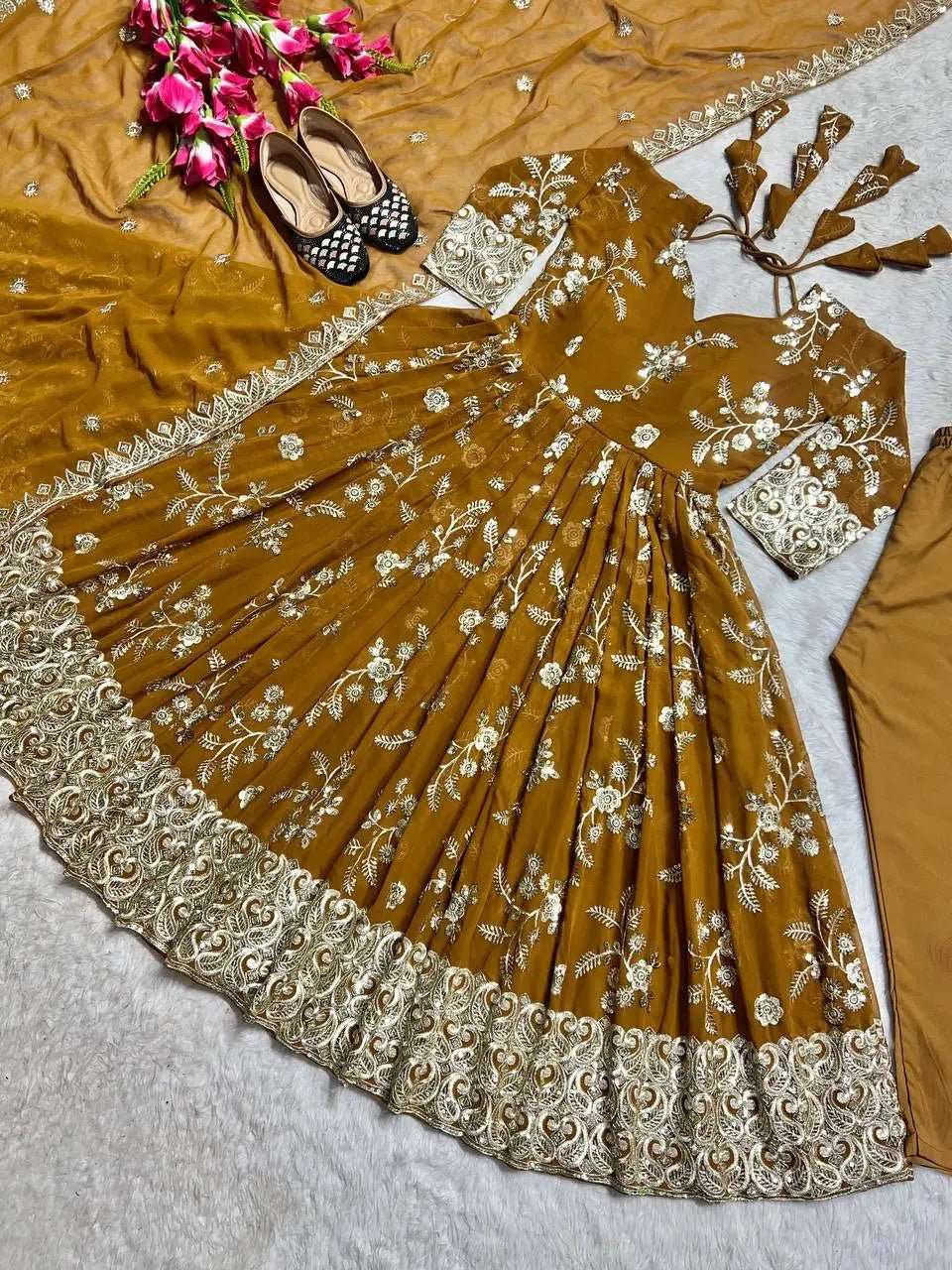 AAvaran Mustard Yellow Embroidered Faux Georgette Anarkali Suit with Dupatta | AAvaran Anarkali Set with dupatta & Pant