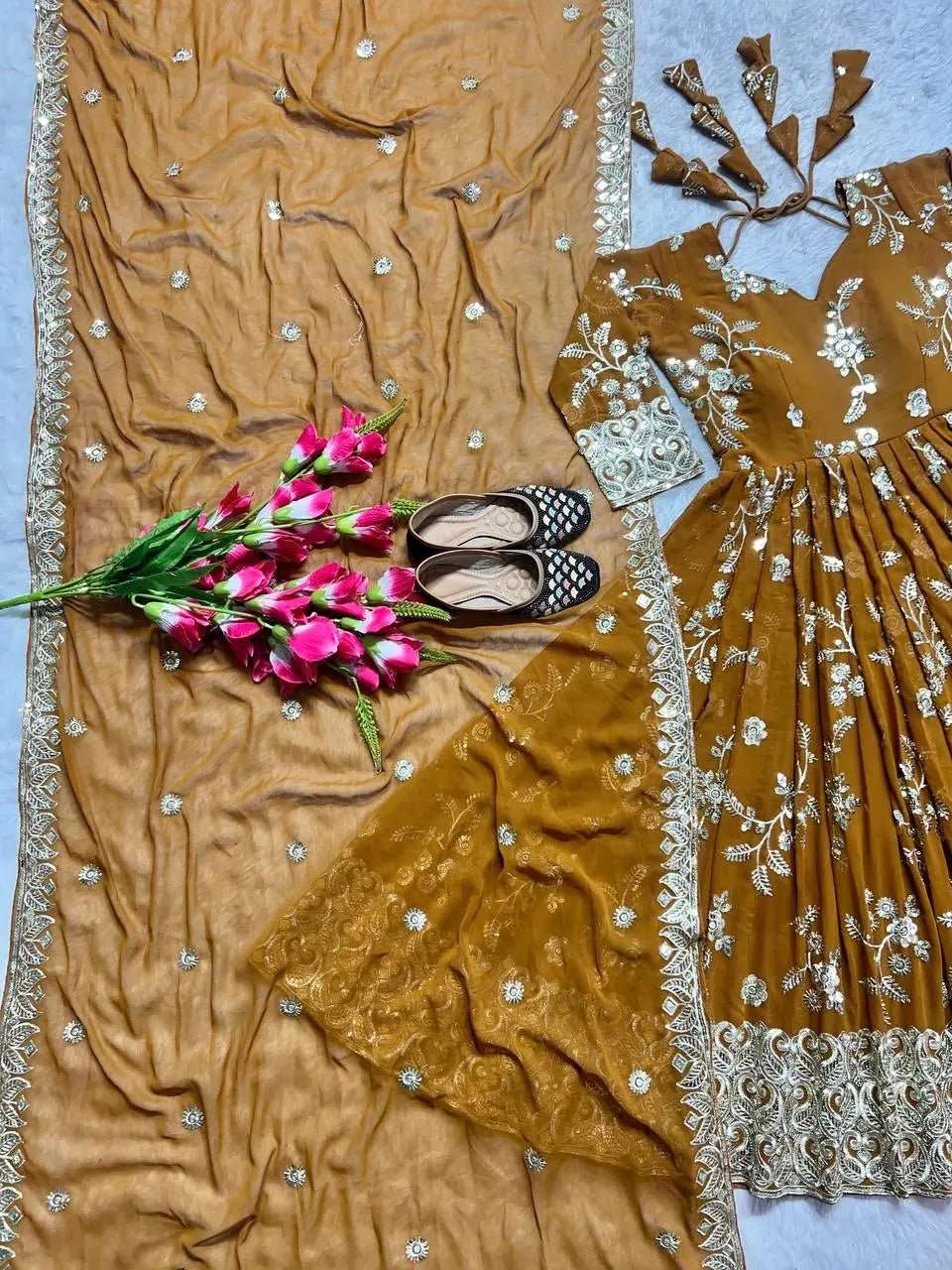 AAvaran Mustard Yellow Embroidered Faux Georgette Anarkali Suit with Dupatta | AAvaran Anarkali Set with dupatta & Pant