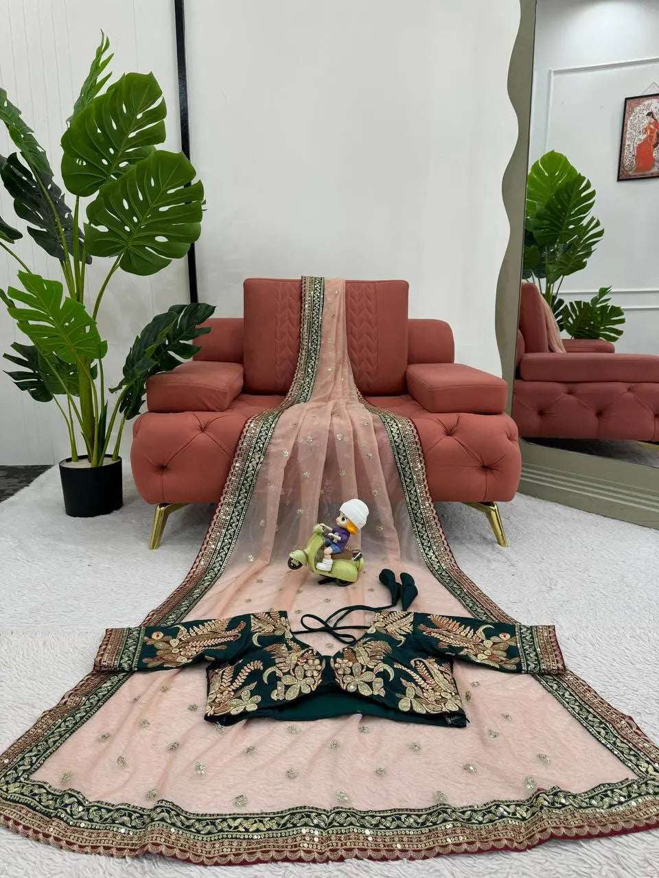 AAvaran AAvaran Light Peach Twill Net Designer Saree Twill Net Saree