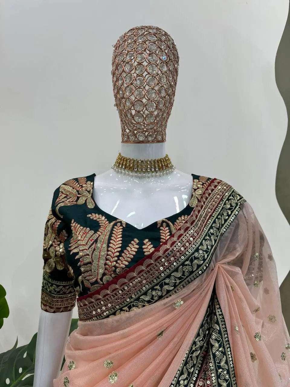 AAvaran AAvaran Light Peach Twill Net Designer Saree Twill Net Saree