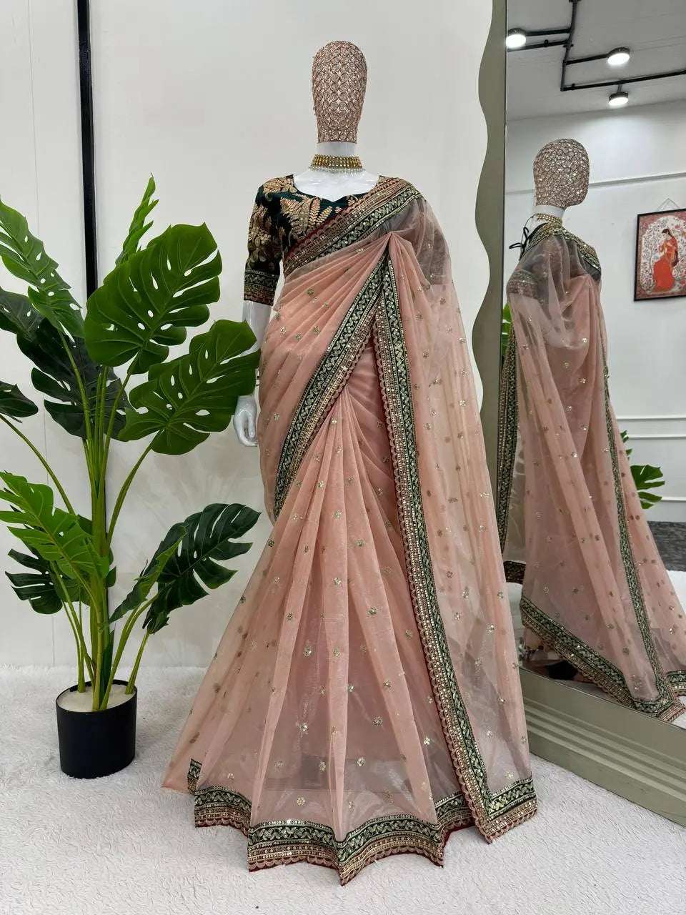 AAvaran AAvaran Light Peach Twill Net Designer Saree Twill Net Saree