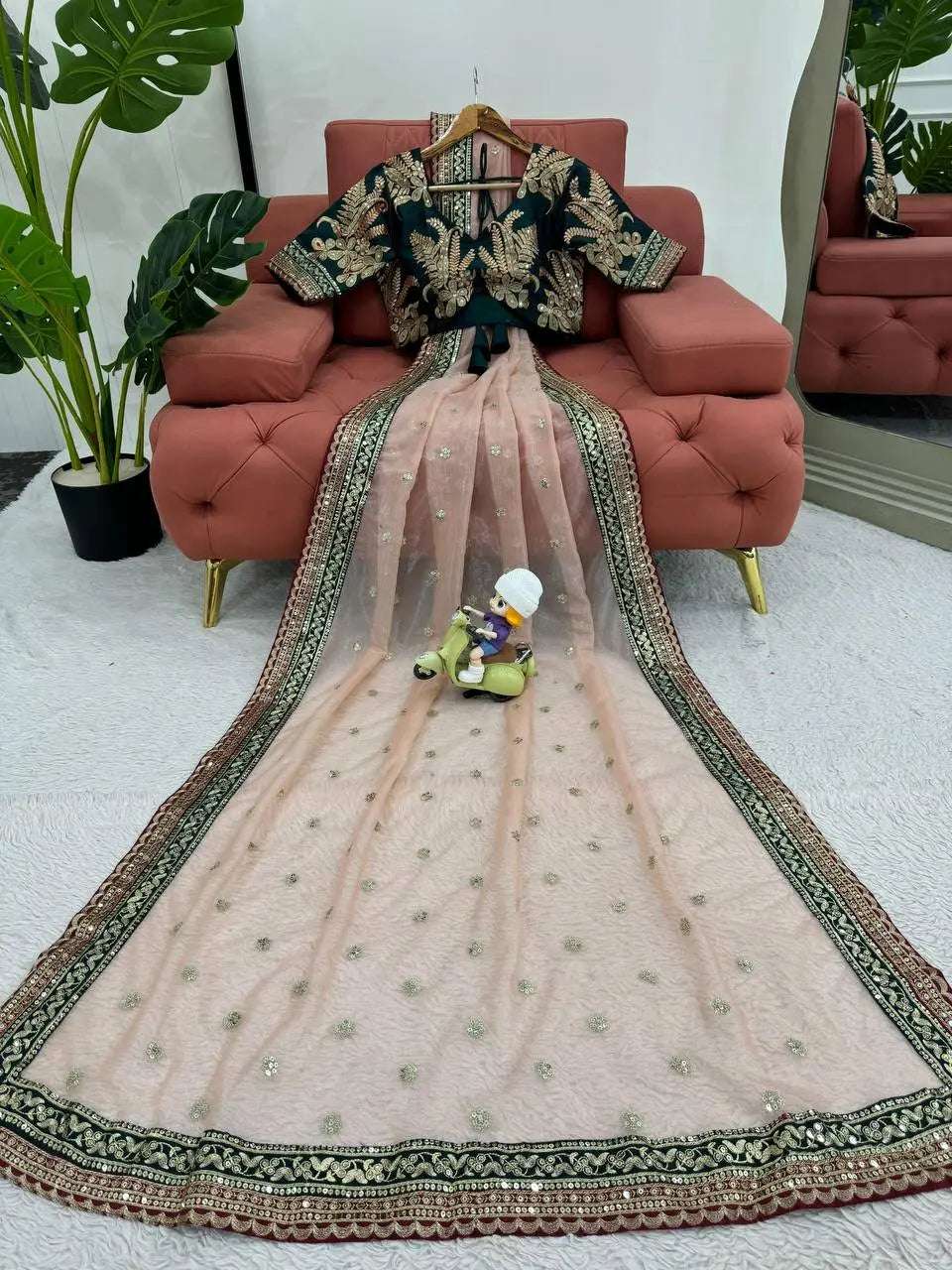AAvaran AAvaran Light Peach Twill Net Designer Saree Twill Net Saree