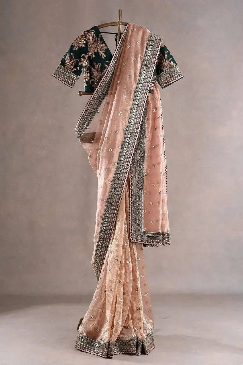 AAvaran AAvaran Light Peach Twill Net Designer Saree Twill Net Saree