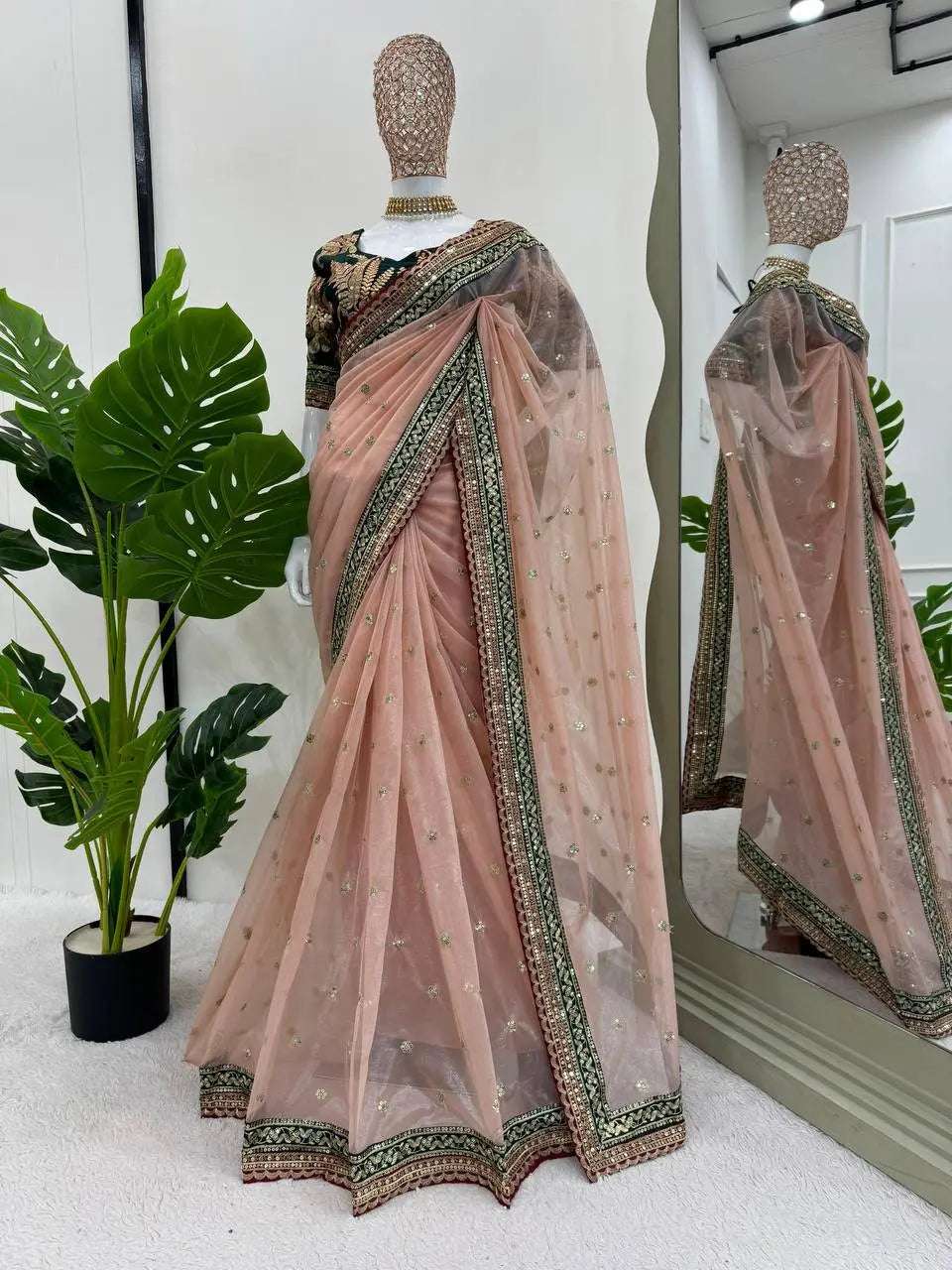 AAvaran AAvaran Light Peach Twill Net Designer Saree Twill Net Saree