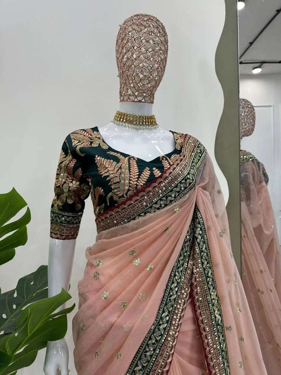 AAvaran AAvaran Light Peach Twill Net Designer Saree Twill Net Saree