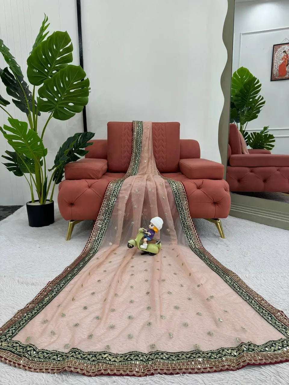 AAvaran AAvaran Light Peach Twill Net Designer Saree Twill Net Saree