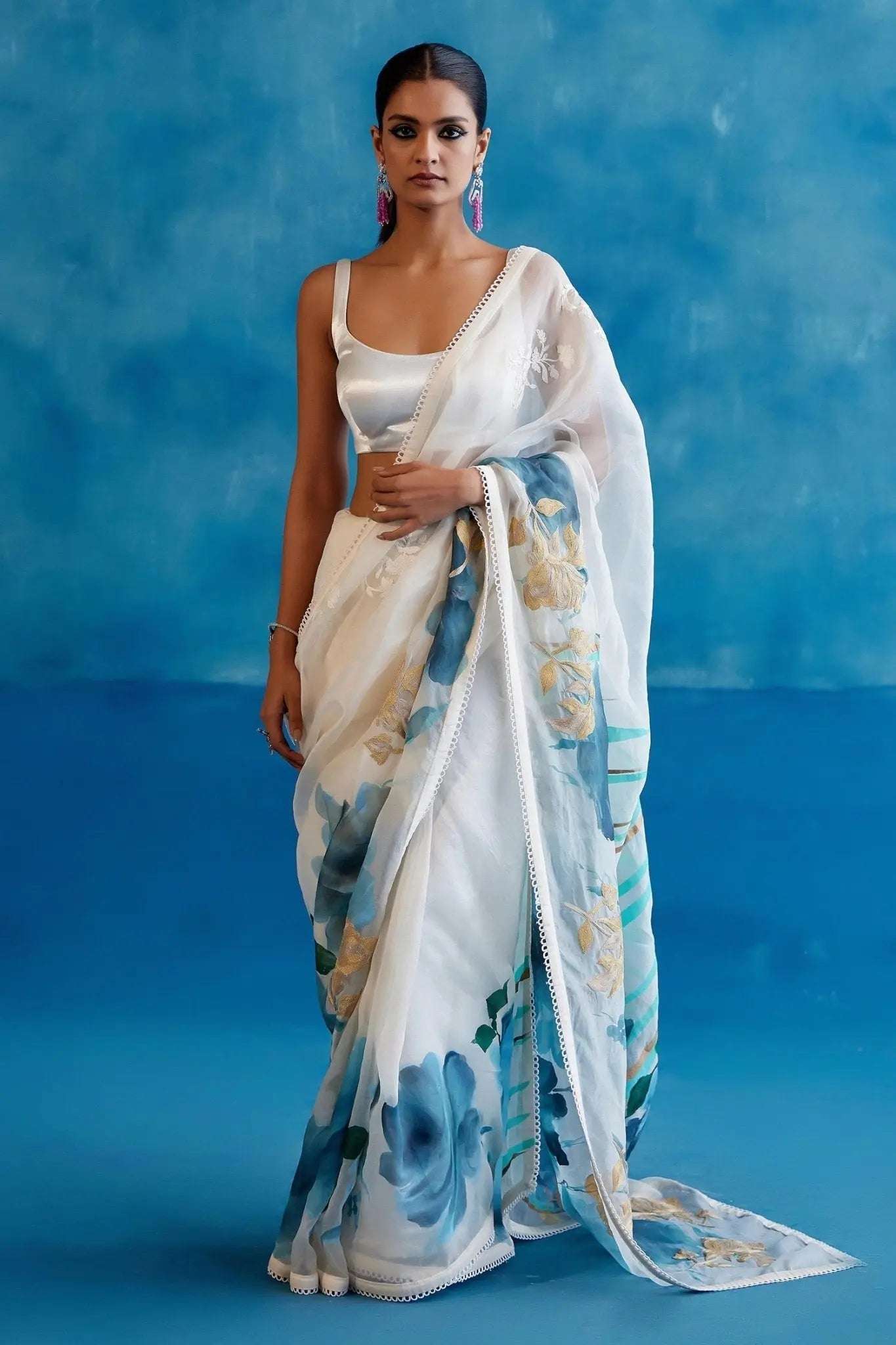 AAvaran White & Blue Hand-Painted Organza Saree with Blouse | AAvaran Elegant Floral Saree Organza Saree