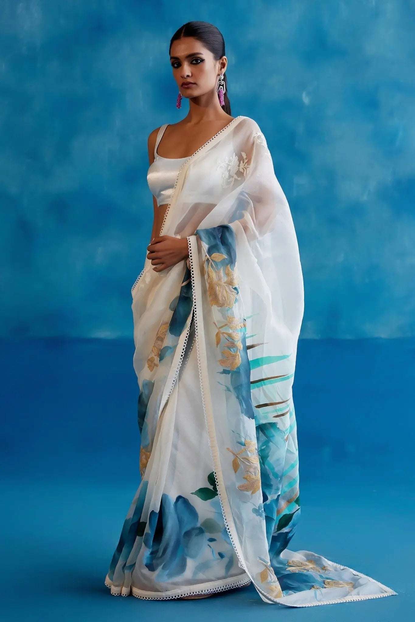 AAvaran White & Blue Hand-Painted Organza Saree with Blouse | AAvaran Elegant Floral Saree Organza Saree