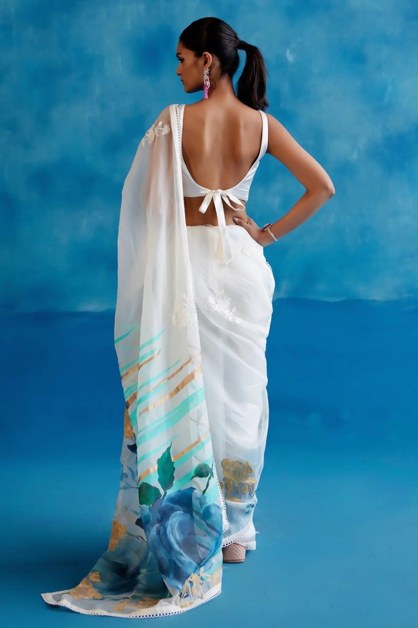 AAvaran White & Blue Hand-Painted Organza Saree with Blouse | AAvaran Elegant Floral Saree Organza Saree