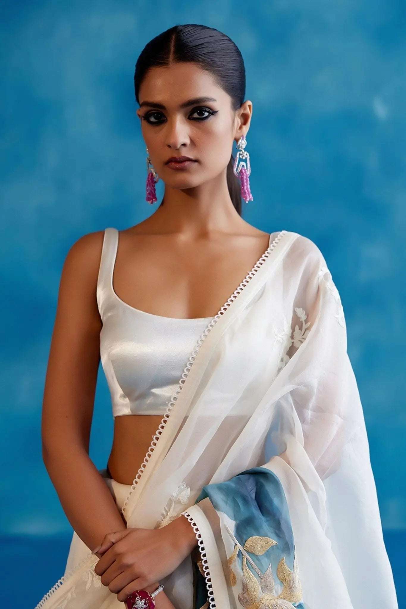 AAvaran White & Blue Hand-Painted Organza Saree with Blouse | AAvaran Elegant Floral Saree Organza Saree