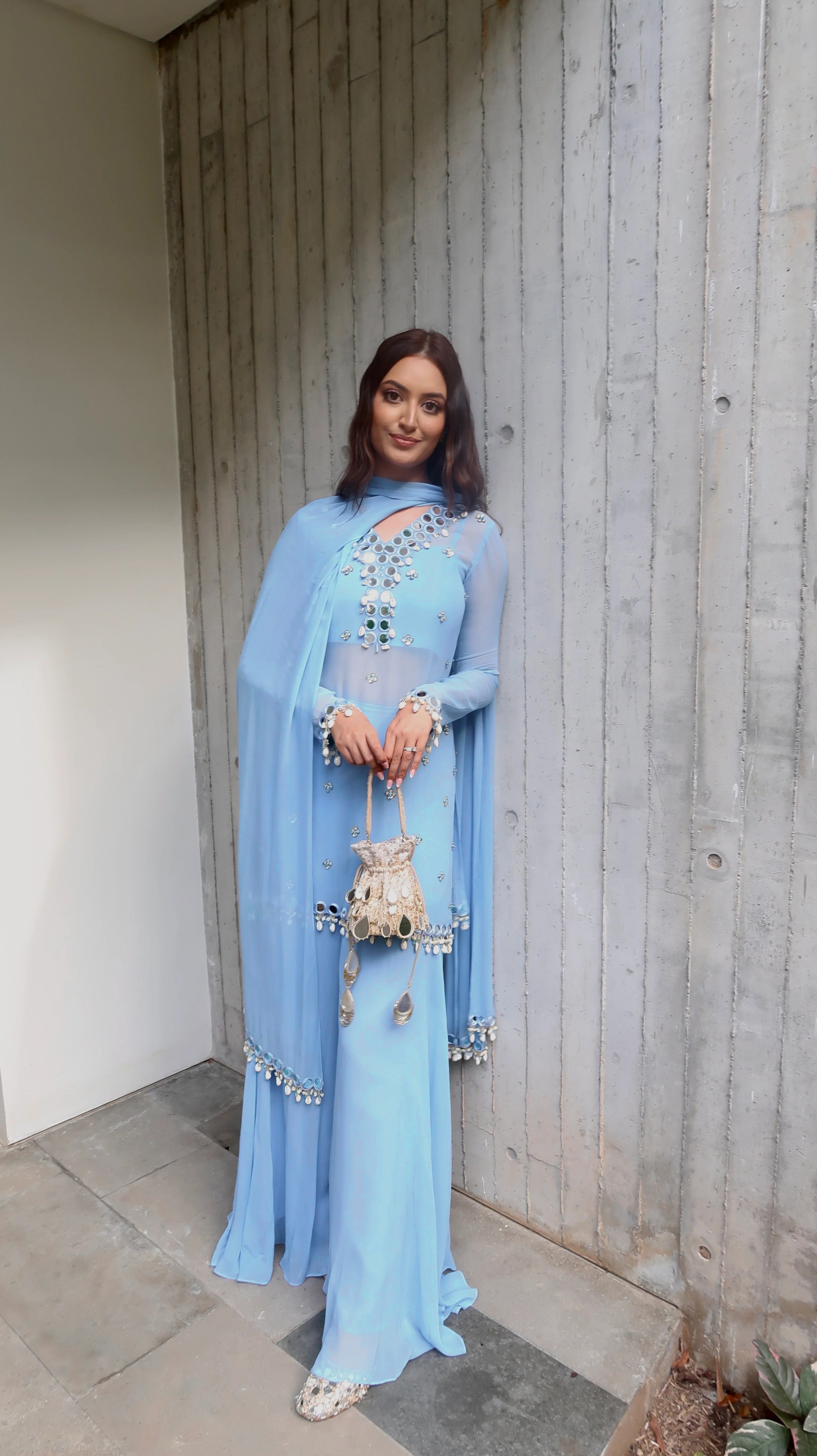 AAvaran Sky Blue Mirror Glow Sharara Set Kurti Set with dupatta & Sharara Plazo