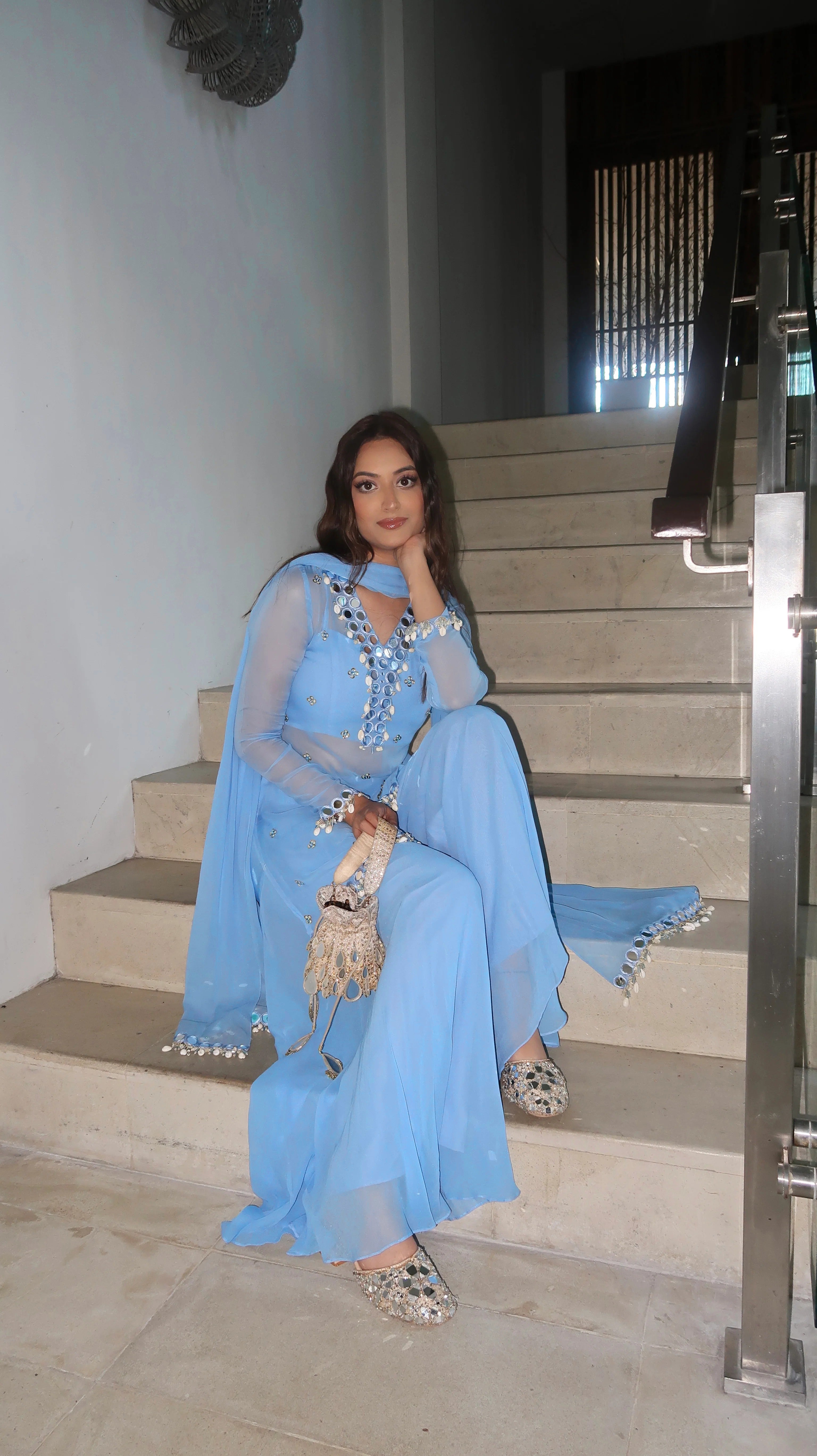 AAvaran Sky Blue Mirror Glow Sharara Set Kurti Set with dupatta & Sharara Plazo