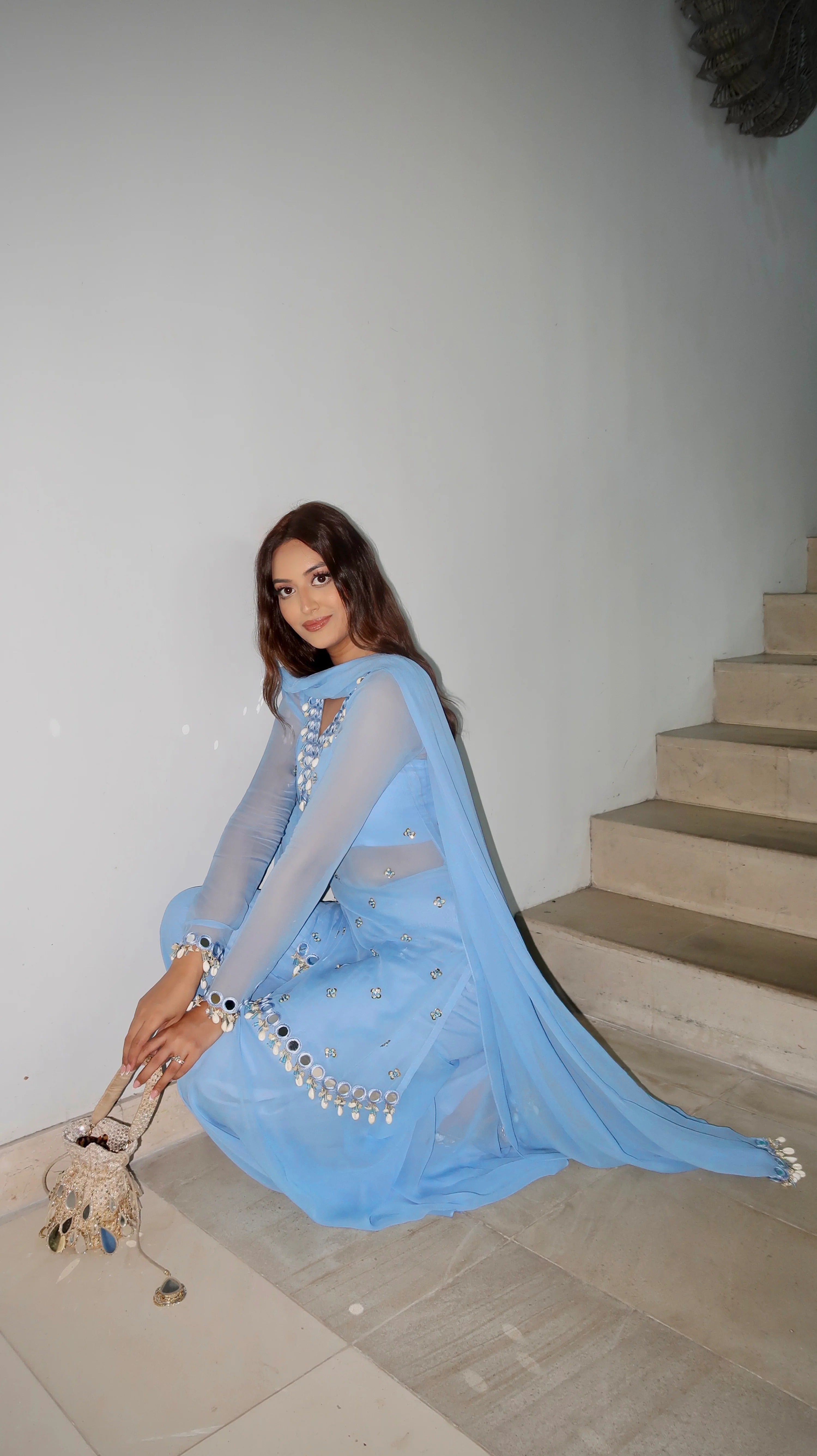 AAvaran Sky Blue Mirror Glow Sharara Set Kurti Set with dupatta & Sharara Plazo