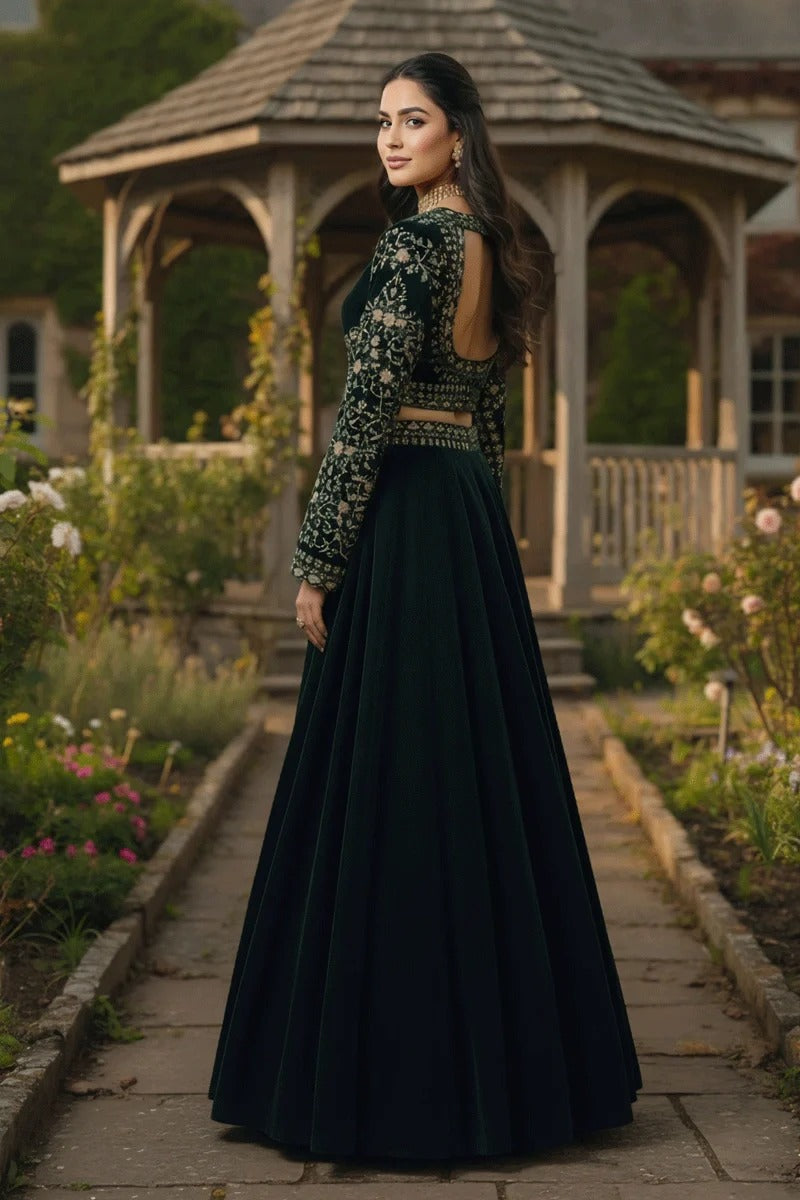 Emerald Luxe Velvet Embellished Lehenga Set