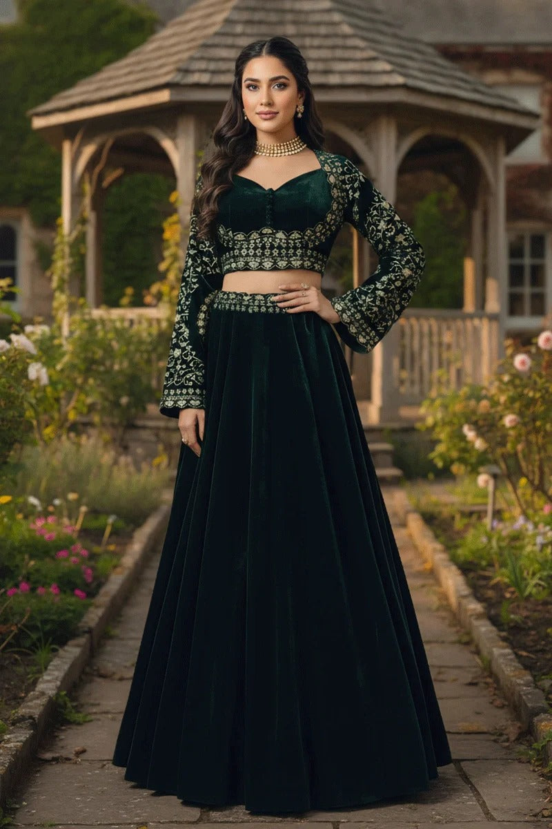 Emerald Luxe Velvet Embellished Lehenga Set