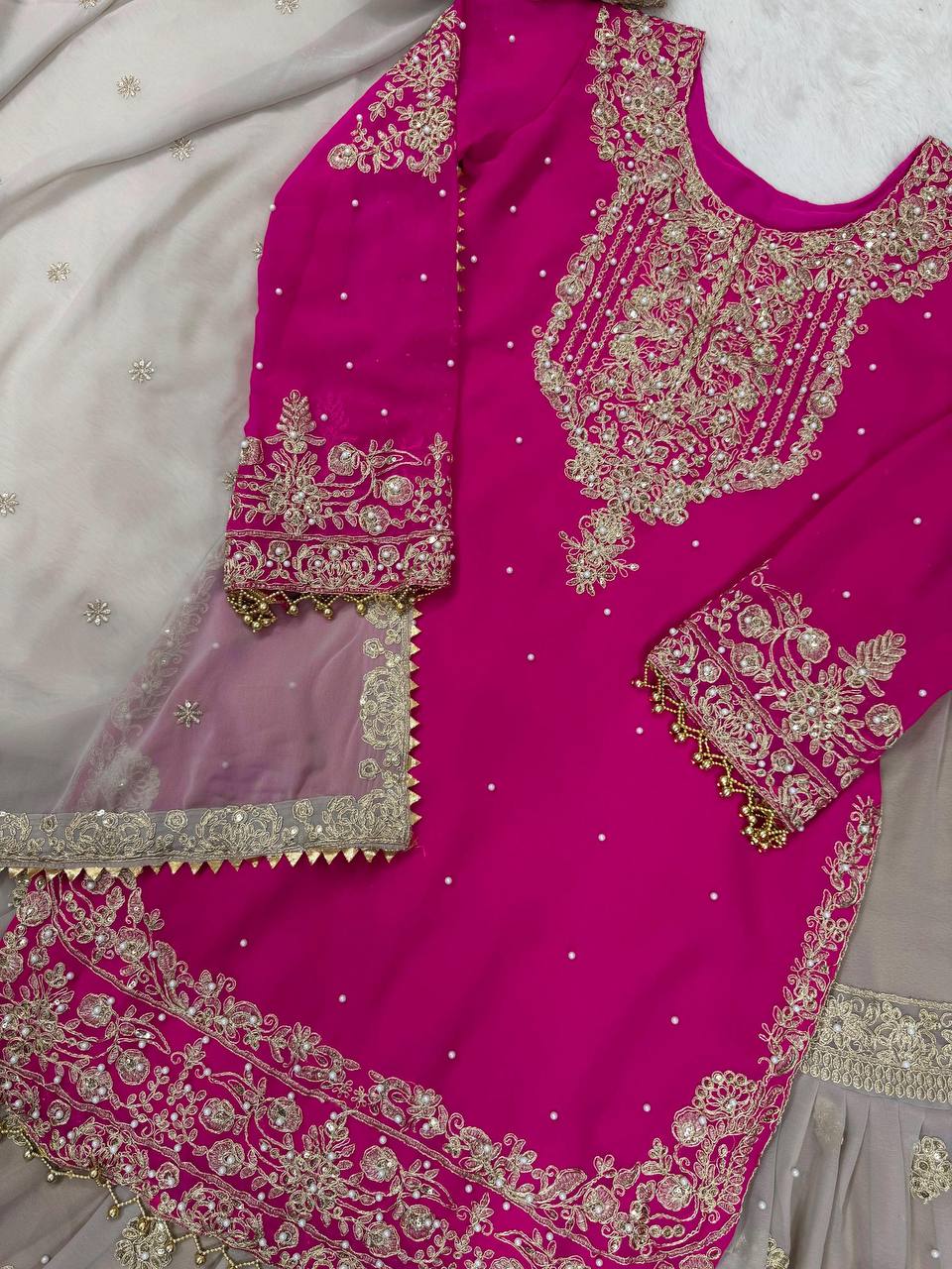 AAvaran AAvaran Faux Georgette Kurta with Sharara Suit – Elegant Pearl Work & Lace Kurti Set with dupatta & Sharara Plazo