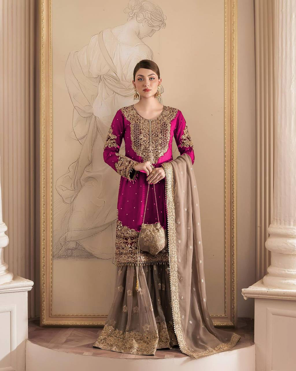 AAvaran AAvaran Faux Georgette Kurta with Sharara Suit – Elegant Pearl Work & Lace Rose Kurti Set with dupatta & Sharara Plazo