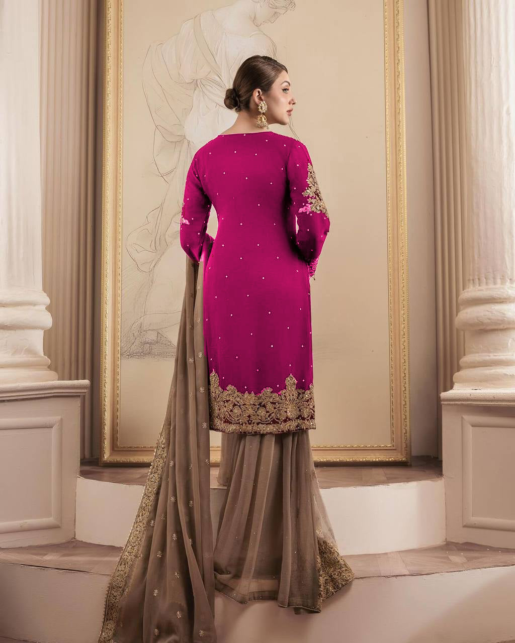 AAvaran AAvaran Faux Georgette Kurta with Sharara Suit – Elegant Pearl Work & Lace Kurti Set with dupatta & Sharara Plazo