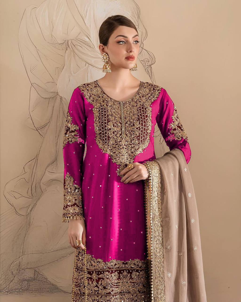 AAvaran AAvaran Faux Georgette Kurta with Sharara Suit – Elegant Pearl Work & Lace Kurti Set with dupatta & Sharara Plazo
