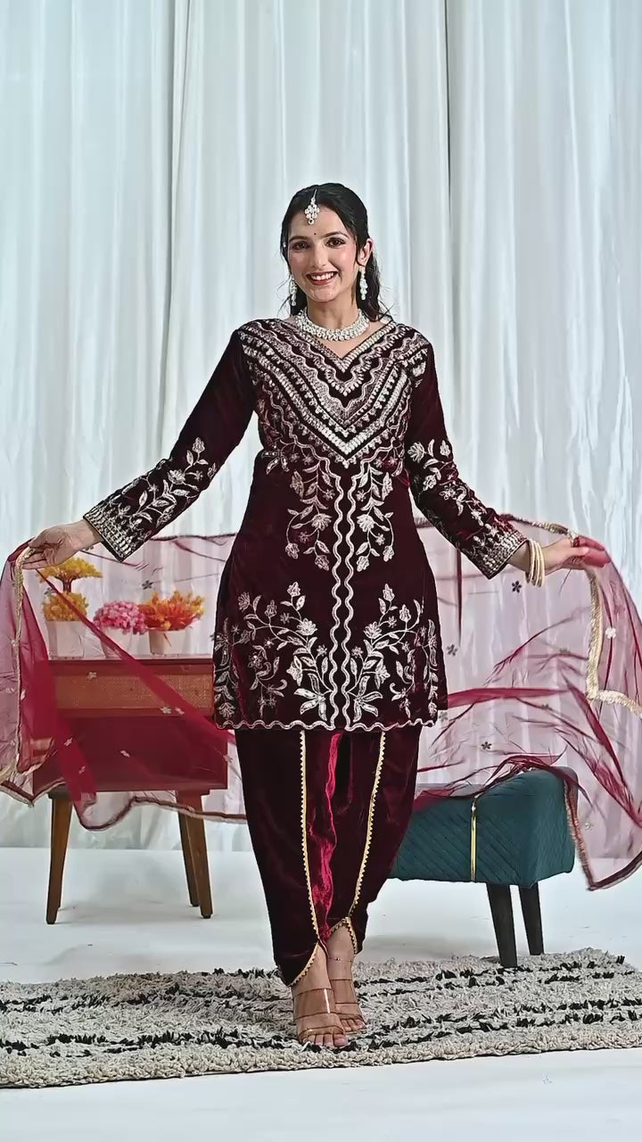 Maroon Luxury Velvet Embroidered Kurta Dhoti Set by AAvaran