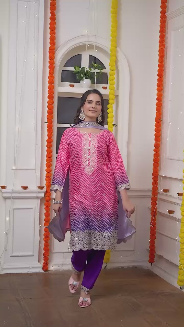 AAvaran Chinon Silk Bandhani Digital Print Top with Dupatta and Embroidery Sequence Work